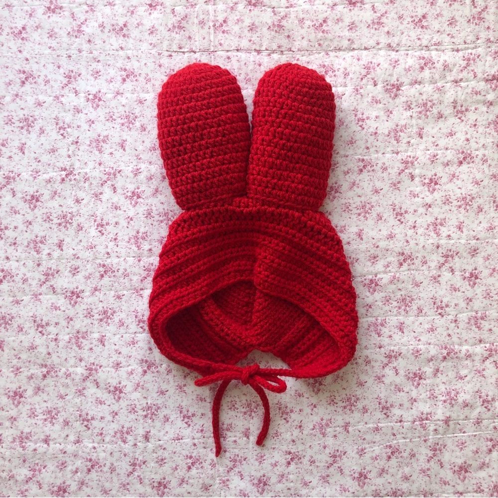 Handmade Crochet Red Miffy Ear Bonnet